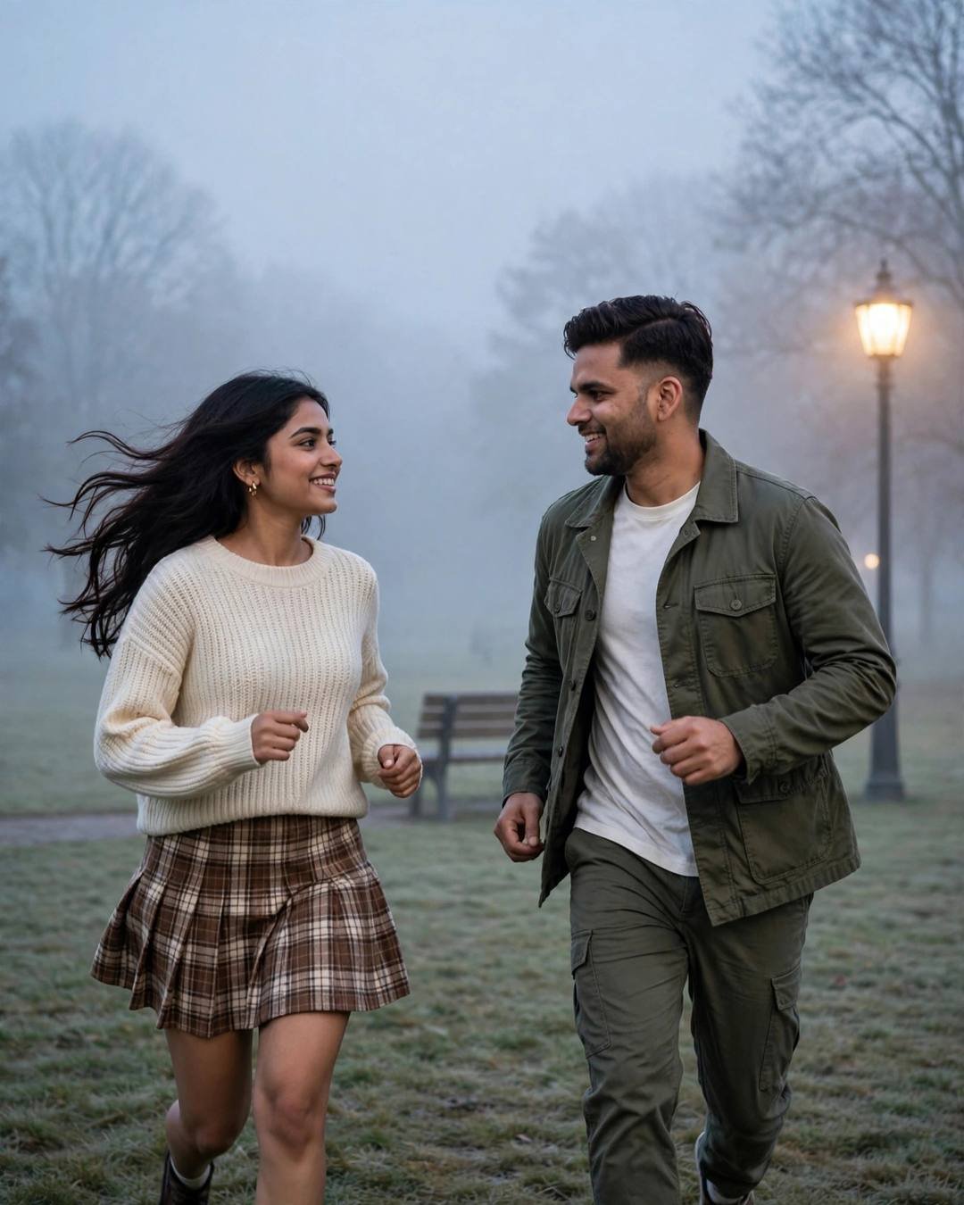 Happy couple running toward each other in a foggy park at dawn, man in olive field jacket, woman in cream knit top