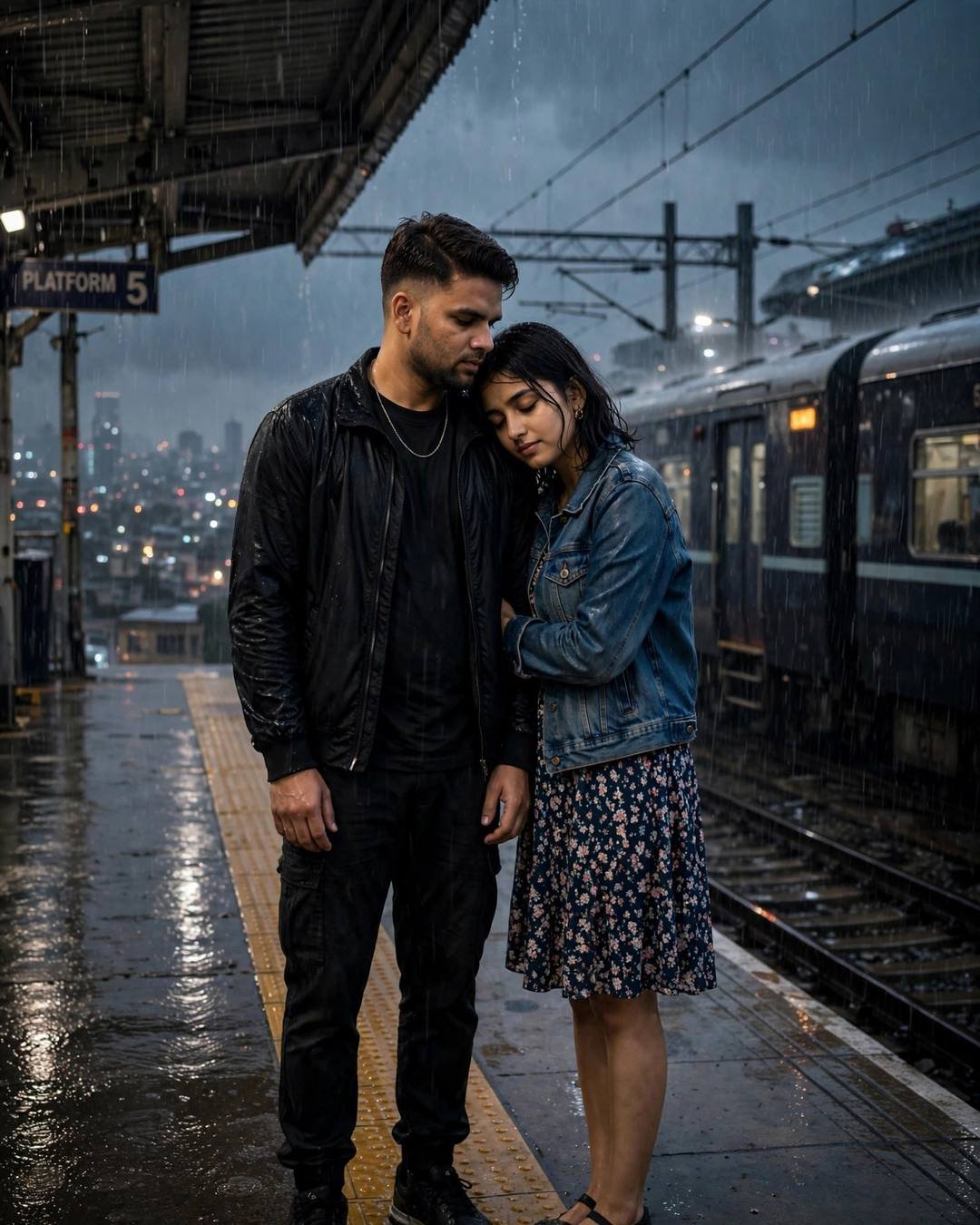 Couple embracing on a rainy railway platform at night, man in all-black streetwear, woman in denim jacket
