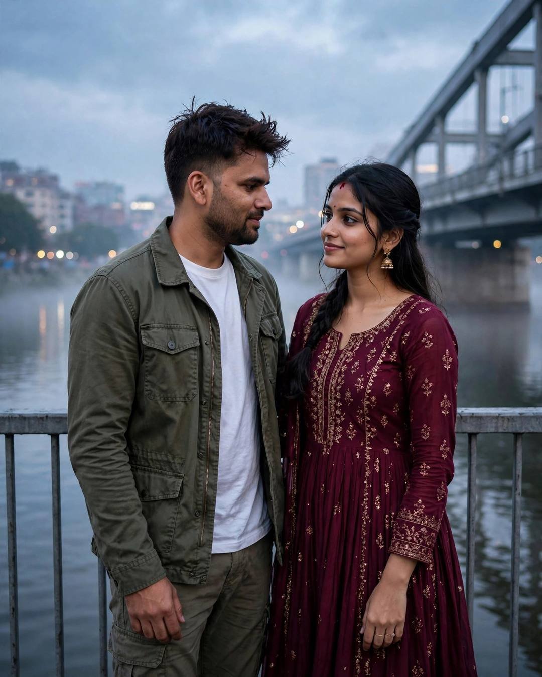 Couple standing face to face on a bridge over a river at dawn, man in olive field jacket, woman in maroon anarkali