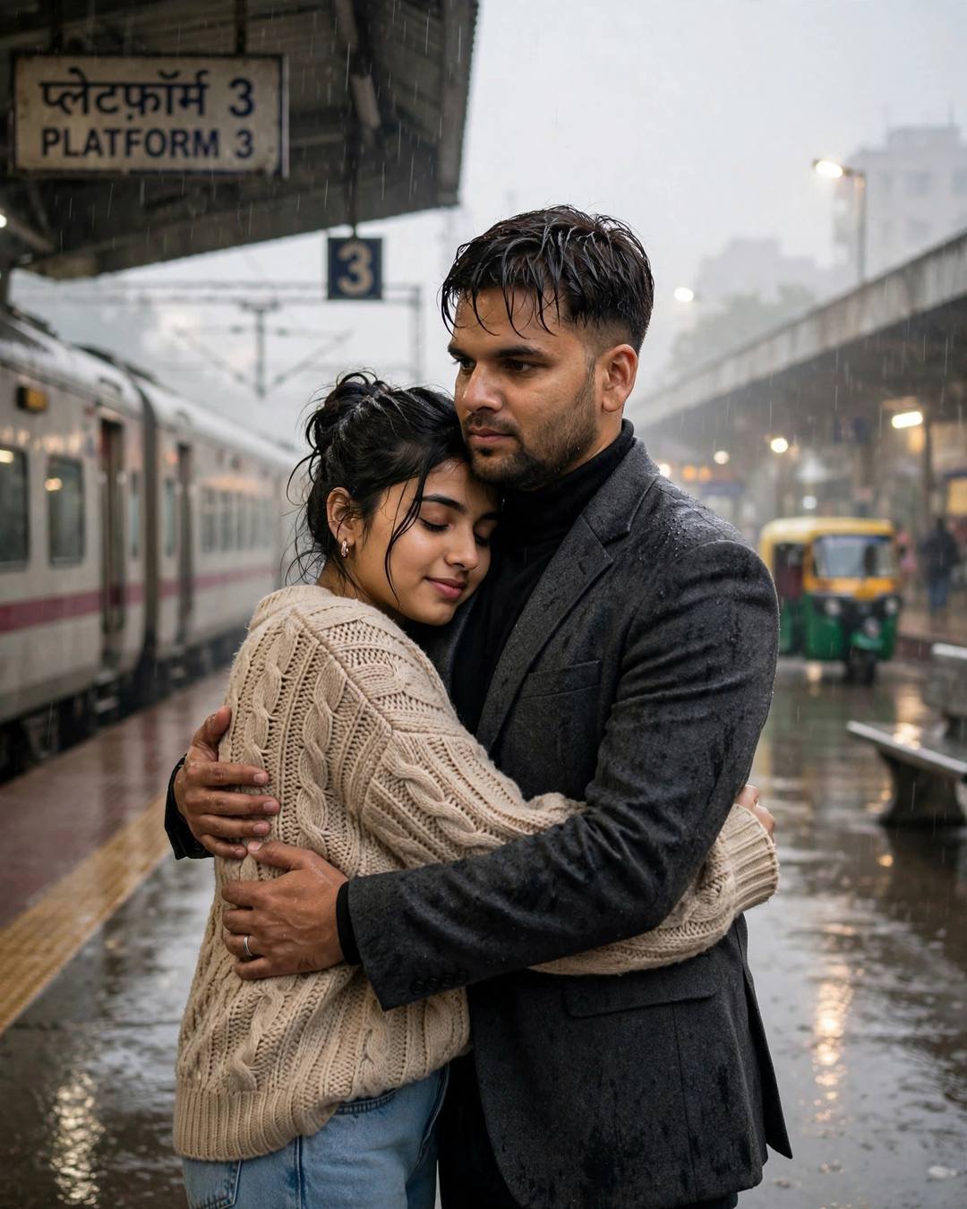 A couple sharing one last hug on a rainy railway platform as the train waits