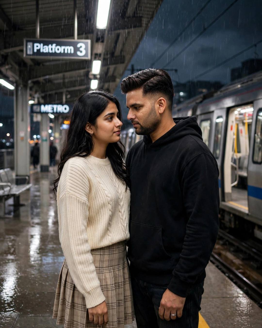 A couple forehead to forehead on a midnight metro platform in drizzle