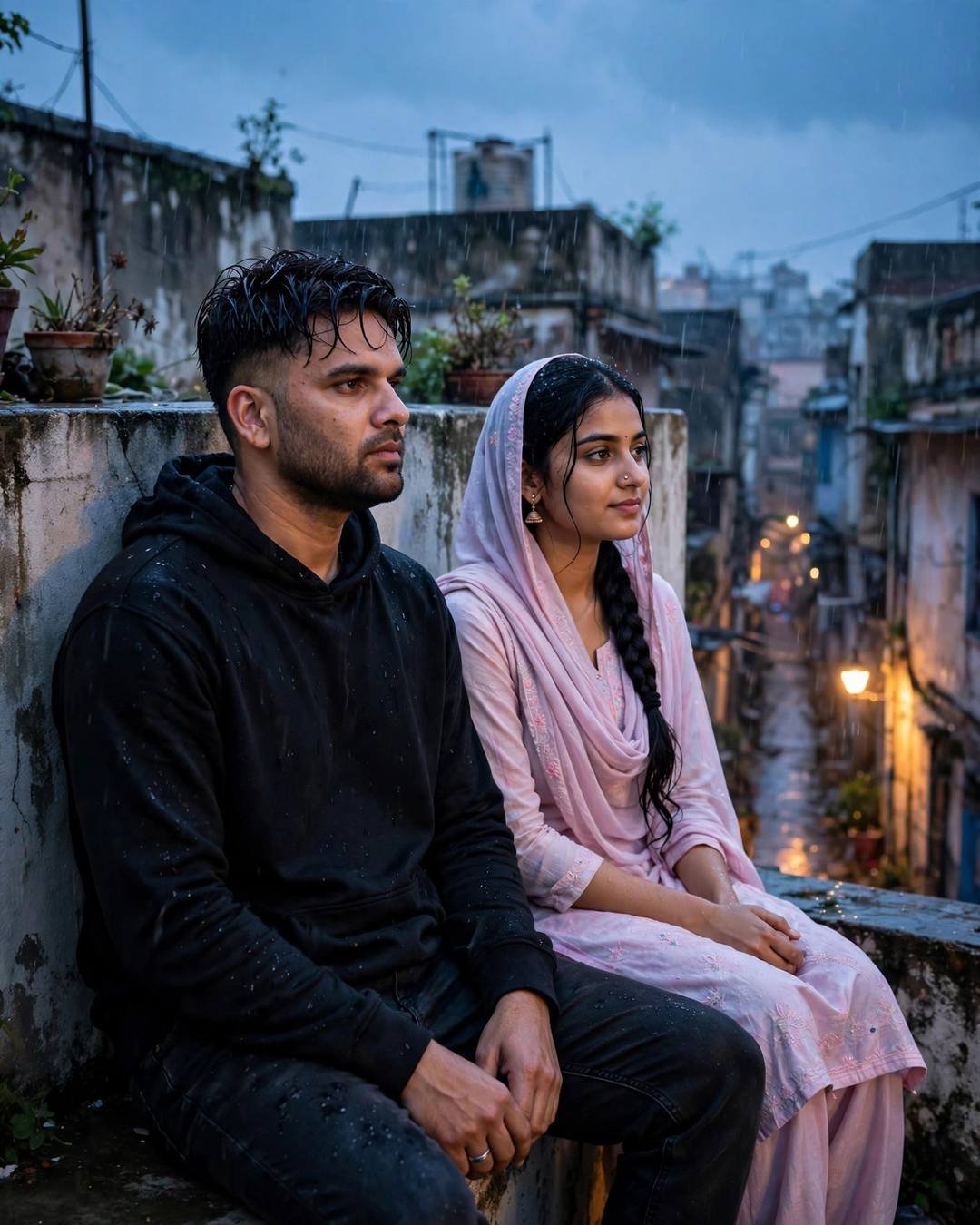 A couple sitting in shared silence on a rainy rooftop ledge above an old-city lane