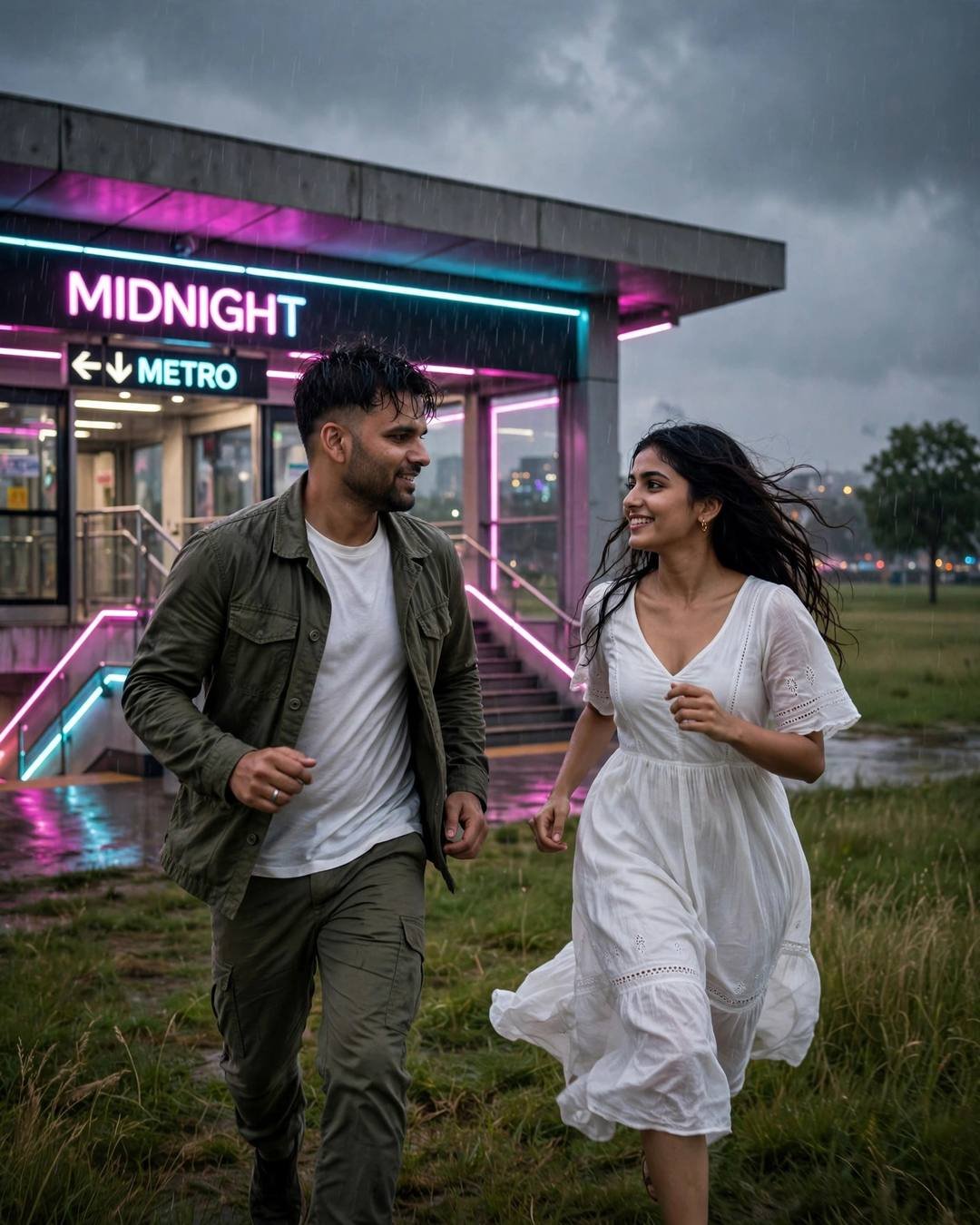 A couple running toward each other in front of a neon-lit metro station in the rain