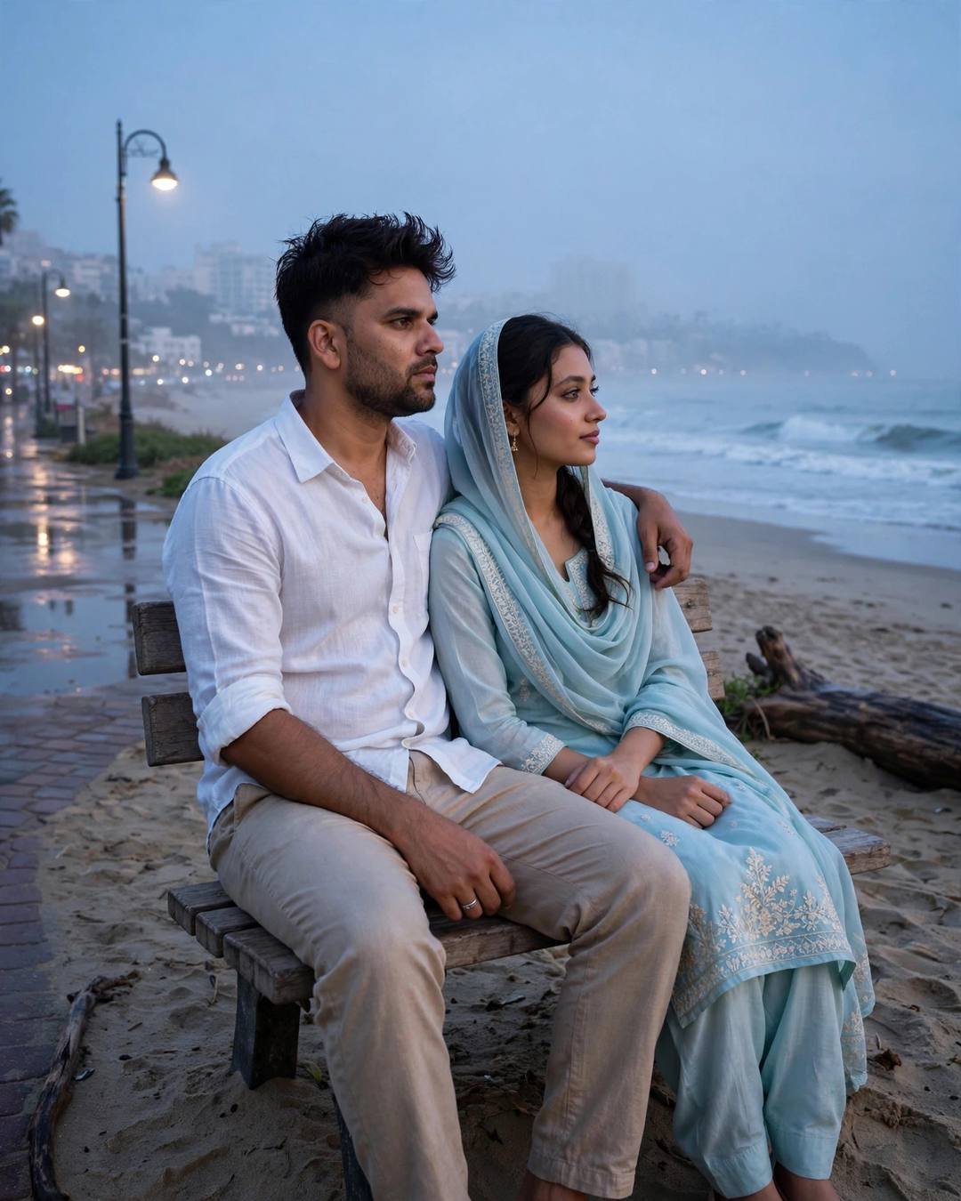Couple on a beach bench at blue hour, man in white linen shirt, woman in pastel salwar-kameez with dupatta, lone lamp glowing on wet promenade
