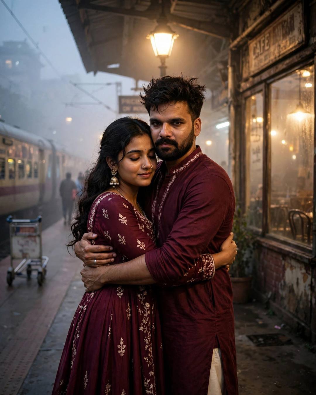 Couple embracing on a foggy railway platform, man in maroon kurta, woman in maroon anarkali with gold jhumkas, warm lamplight through fog