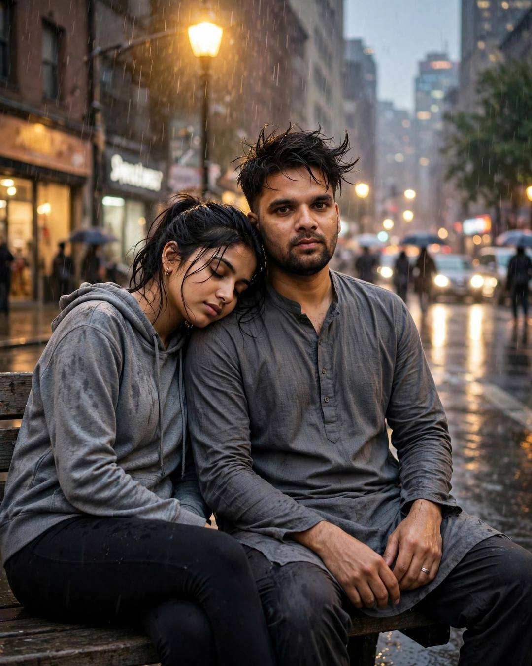 Couple on a bench in the rain at night, her head on his shoulder, man in grey kurta, woman in grey hoodie, sodium lamp glowing over a wet city street