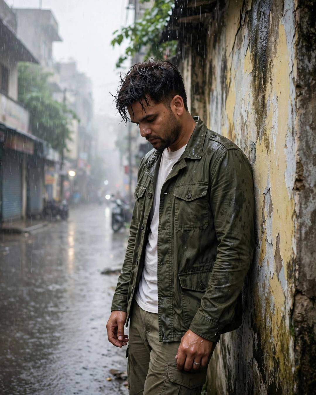 Young Indian man in olive field jacket leaning against a weathered wall on a rainy city street