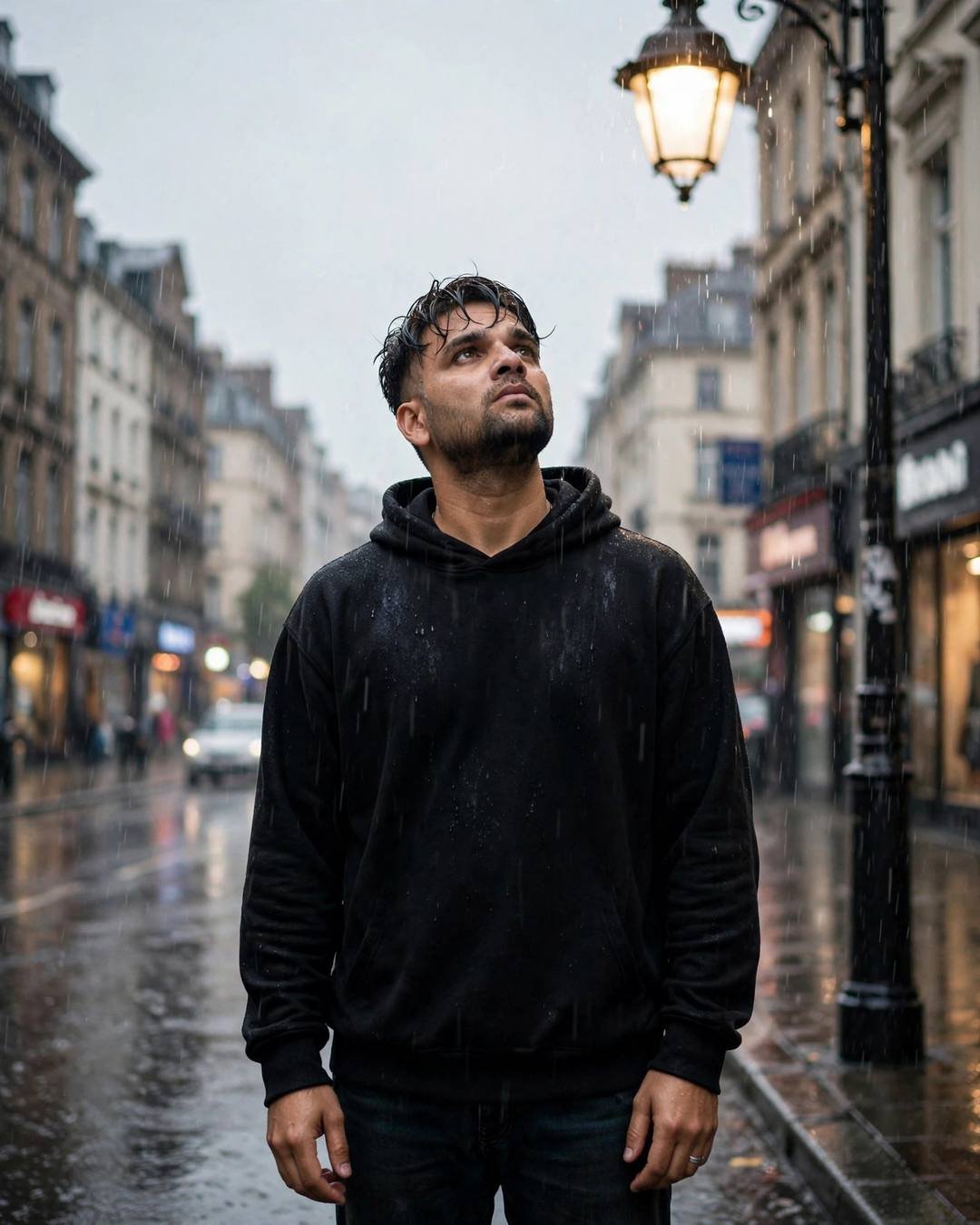 Young Indian man in black hoodie standing under a streetlamp in the rain, face lifted to sky