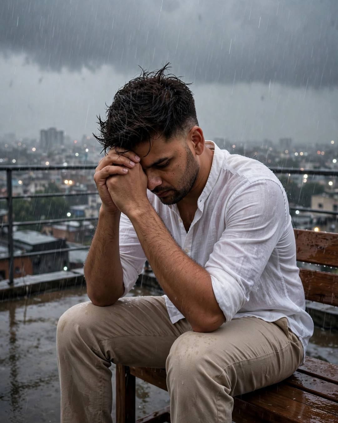 Young Indian man in white linen shirt sitting with head in hands on a rainy rooftop overlooking city lights