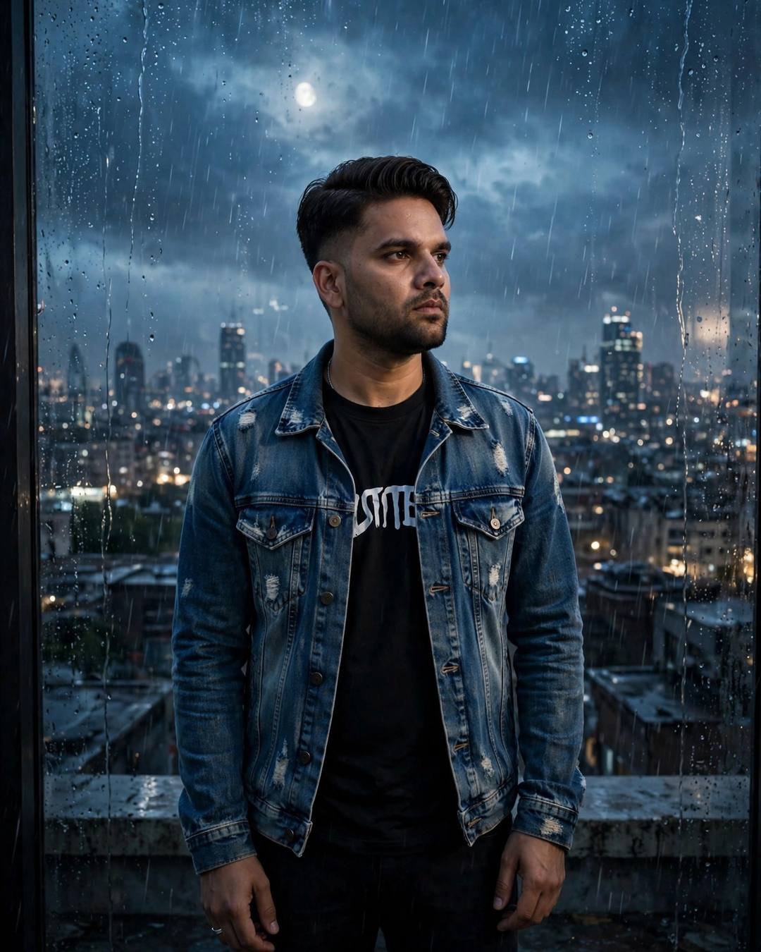 Leaning against a closed door, listening to — AI cinematic portrait by PROMOLOOT