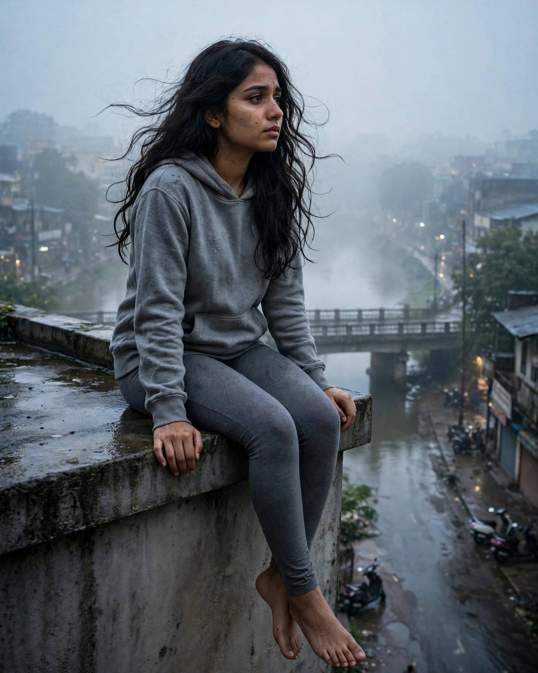 Watching distant wedding fireworks from her terrace, — AI cinematic portrait by PROMOLOOT