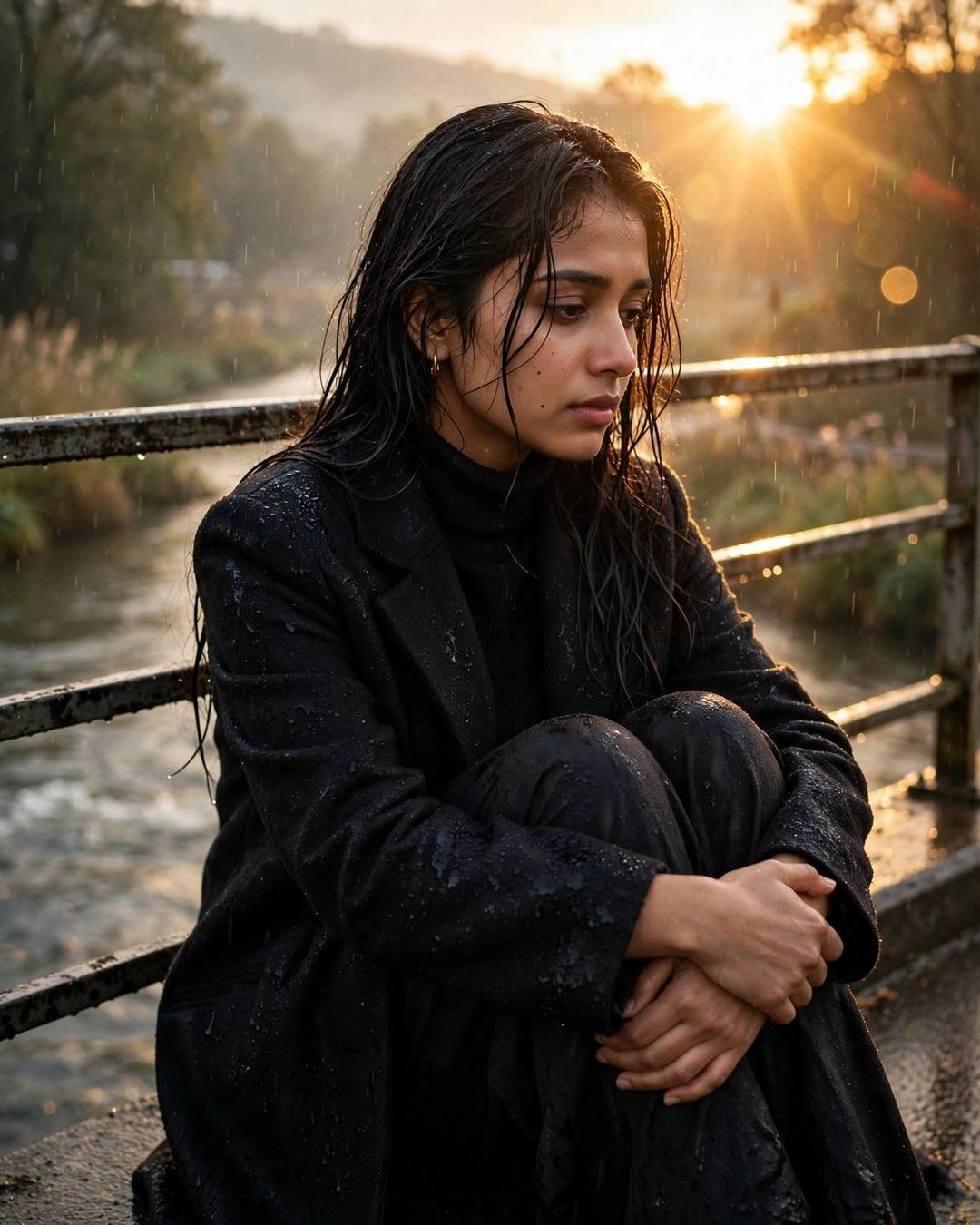 Sitting by a cold fireplace, twisting her — AI cinematic portrait by PROMOLOOT