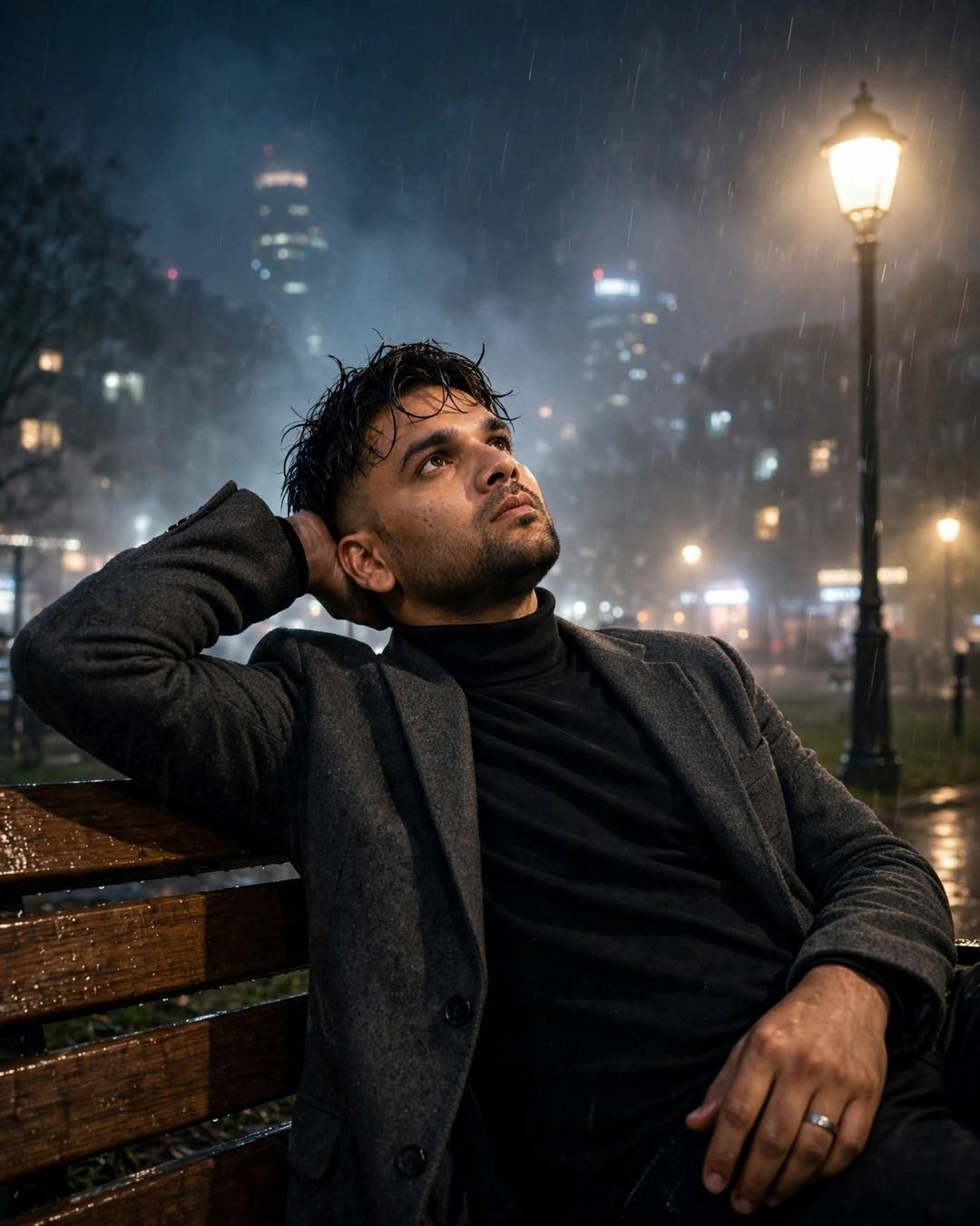 AI photo of a young Indian man in a charcoal blazer and turtleneck reclined on a foggy park bench under a streetlamp in the rain