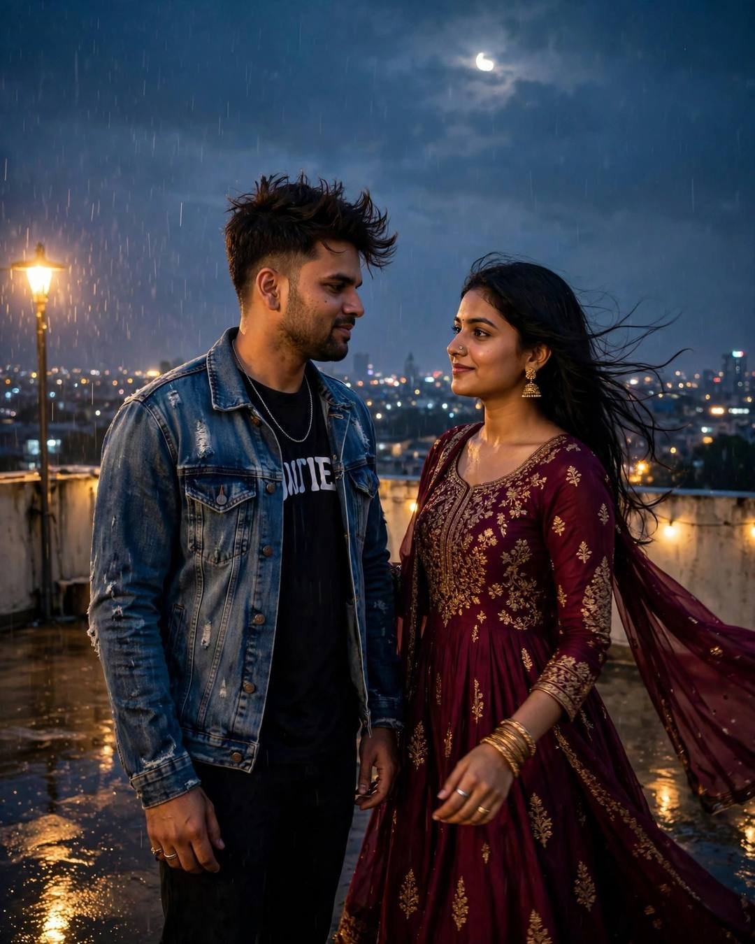 A couple slow-dancing on a rain-wet rooftop above city lights at night