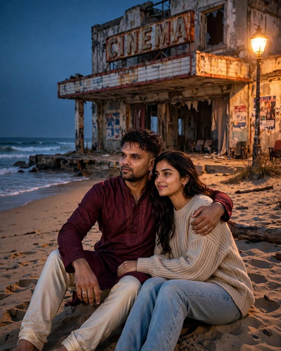 A couple sitting on a beach at night before an abandoned cinema hall, his arm around her