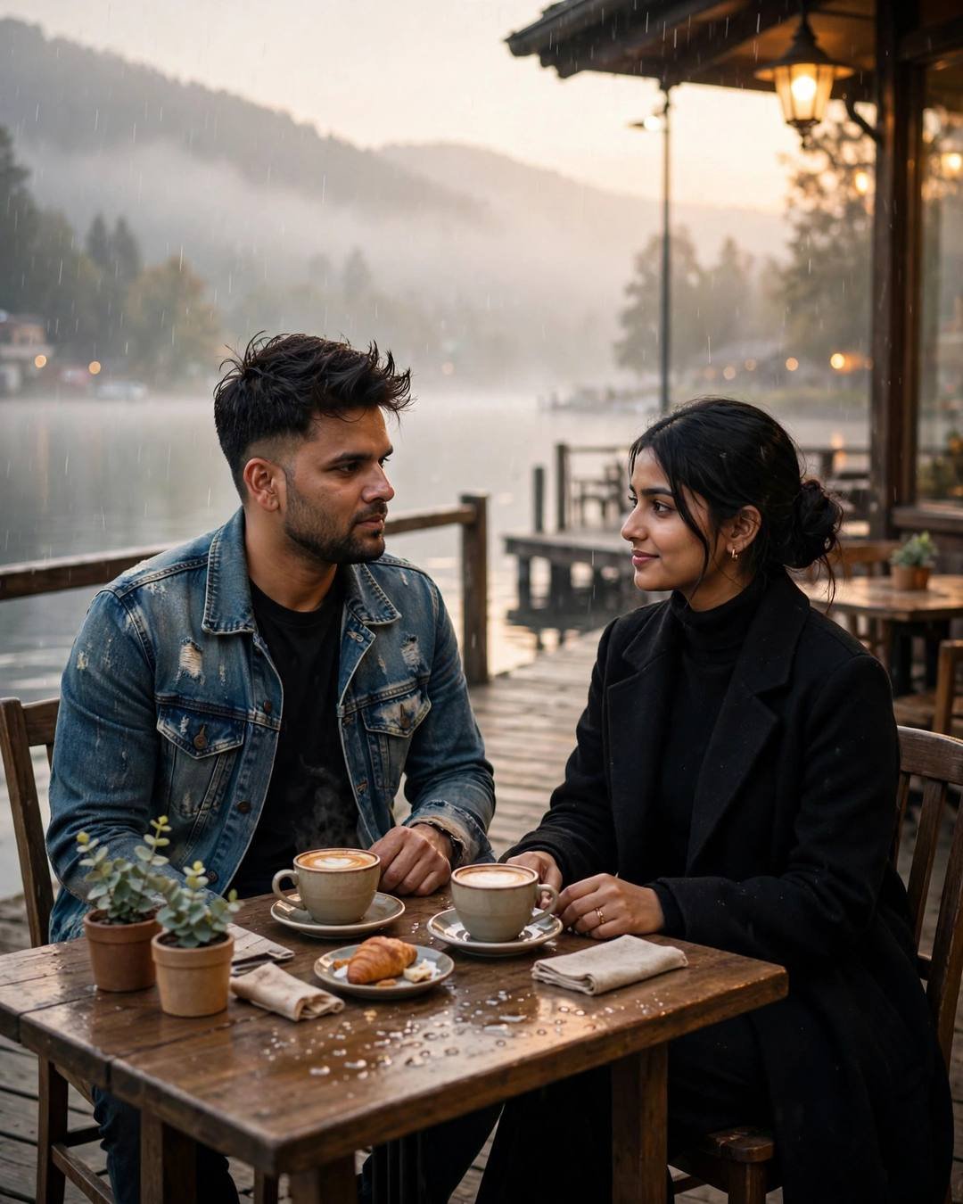 A couple at a small table on a misty lake pier at dawn, hands almost touching over coffee