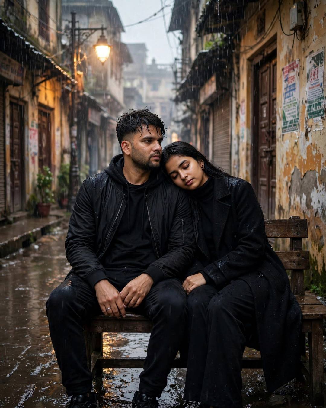 Walking barefoot around a still temple pond — AI-generated cinematic couple photograph on PROMOLOOT
