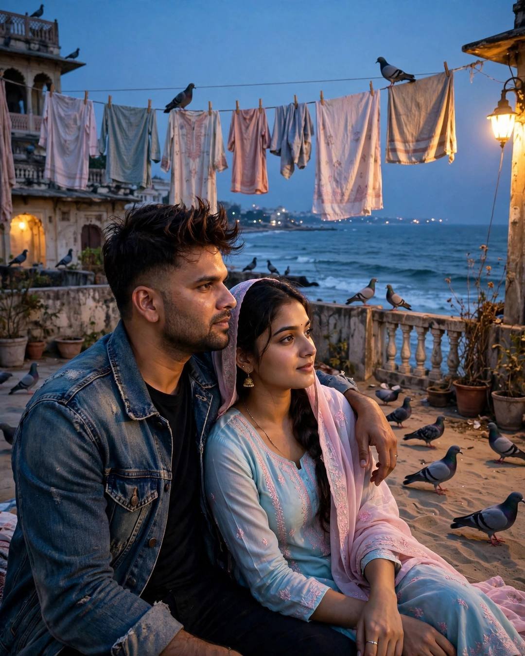 Her ghunghat lifted by the breeze while — AI-generated cinematic couple photograph on PROMOLOOT
