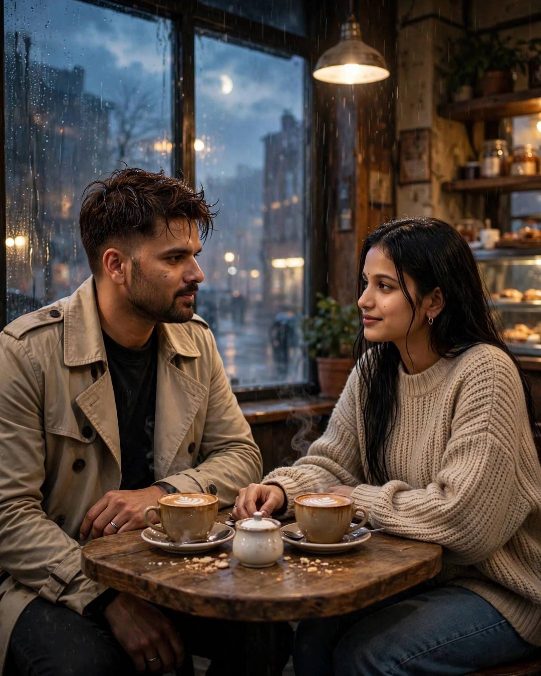 Young Indian couple sitting close at a cafe table with coffees, moonlit rain on the fogged window behind them