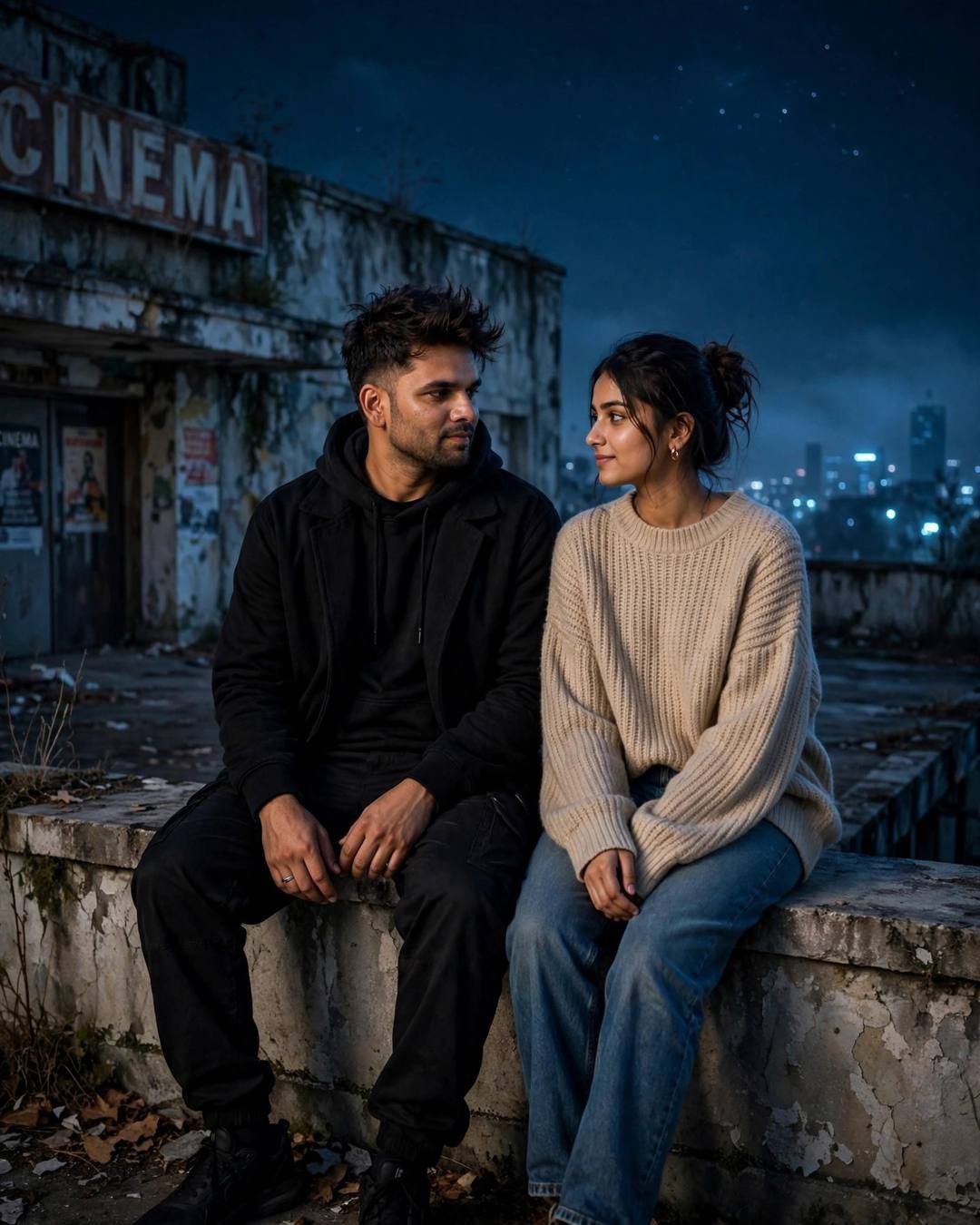 Young Indian couple sitting side by side on a rooftop ledge at night in front of an abandoned cinema, gazing at each other