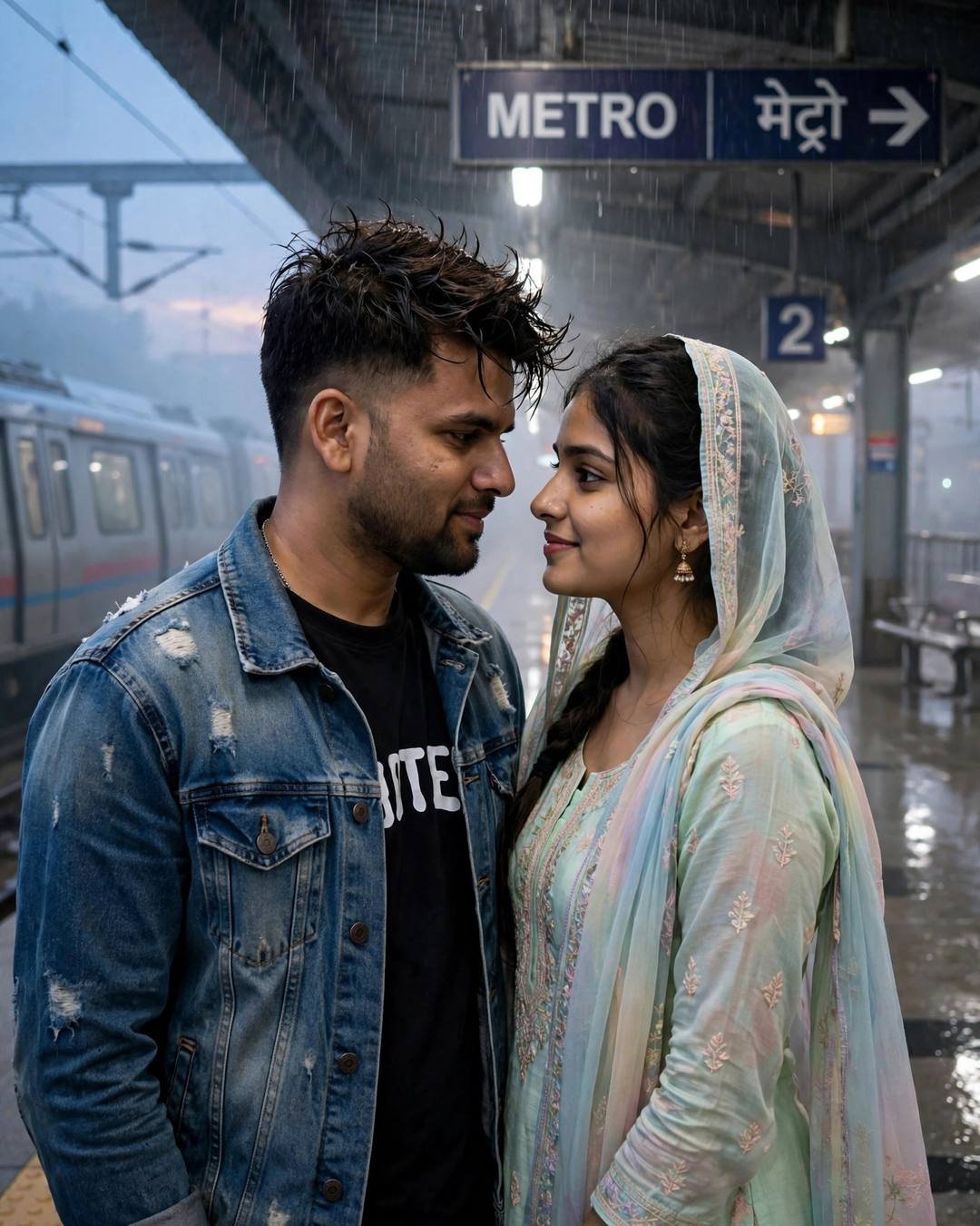 Young Indian couple face to face on a drizzly metro platform at blue hour, foreheads nearly touching, both smiling