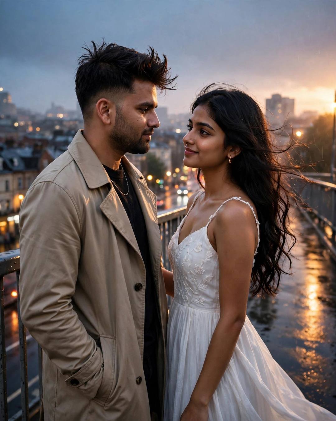 Young Indian couple facing each other on a bridge at golden hour, her head tipped near his shoulder, city lights behind