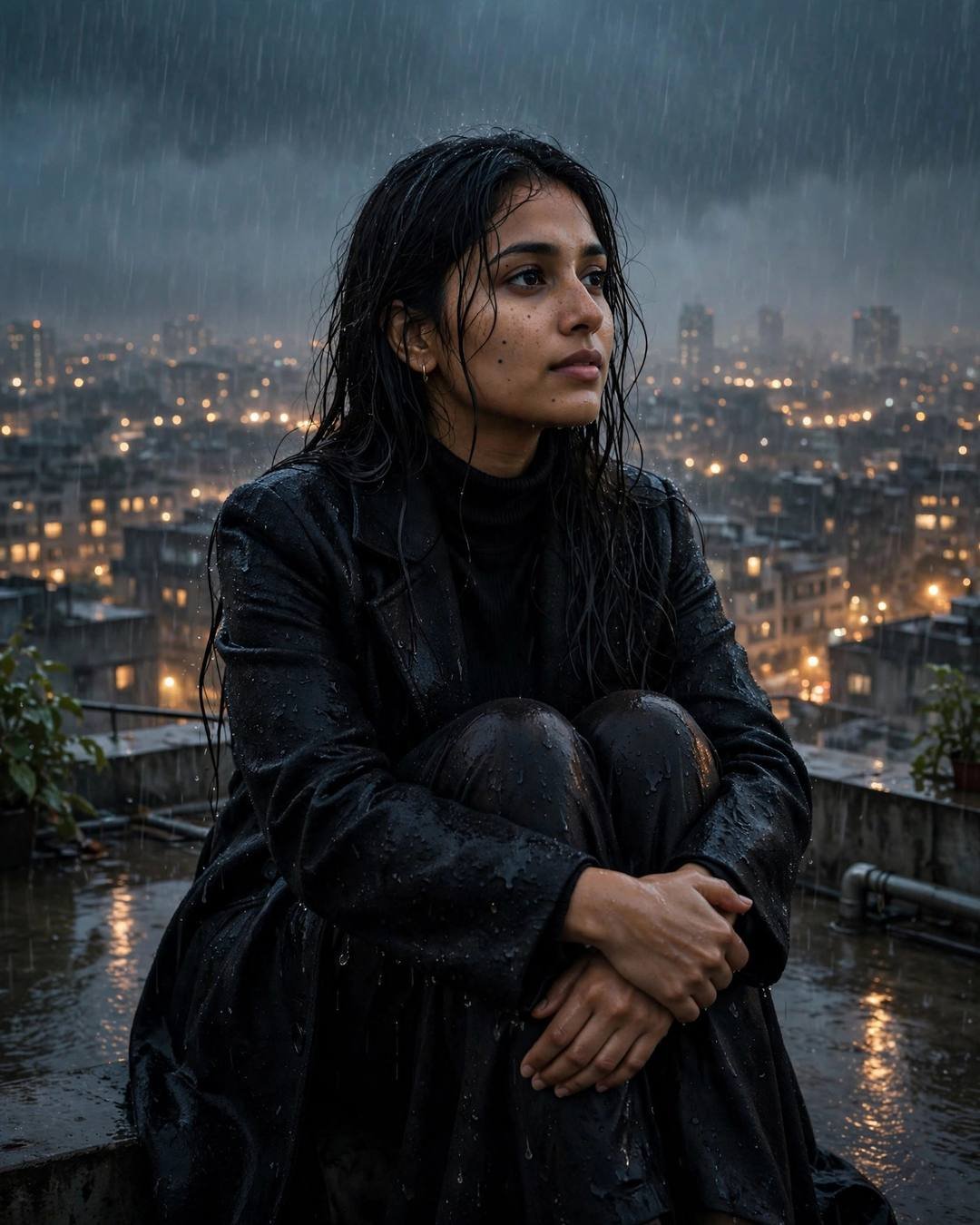 Young Indian woman in a black turtleneck and long coat sitting on a rainy rooftop at night, knees drawn up, city lights behind