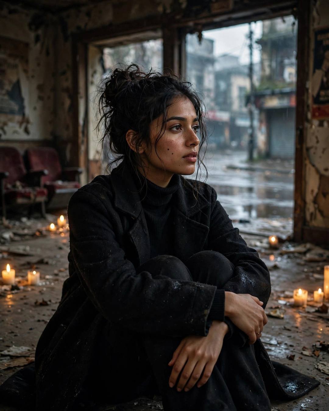 Young Indian woman in a black turtleneck and long coat sitting among candles in an abandoned cinema hall, knees drawn up