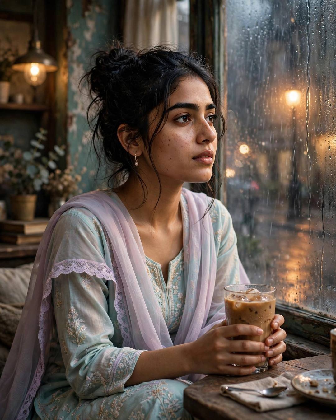 Young Indian woman in a pastel salwar-kameez sitting at a cafe table cradling a coffee cup, gazing at a rain-streaked fogged window