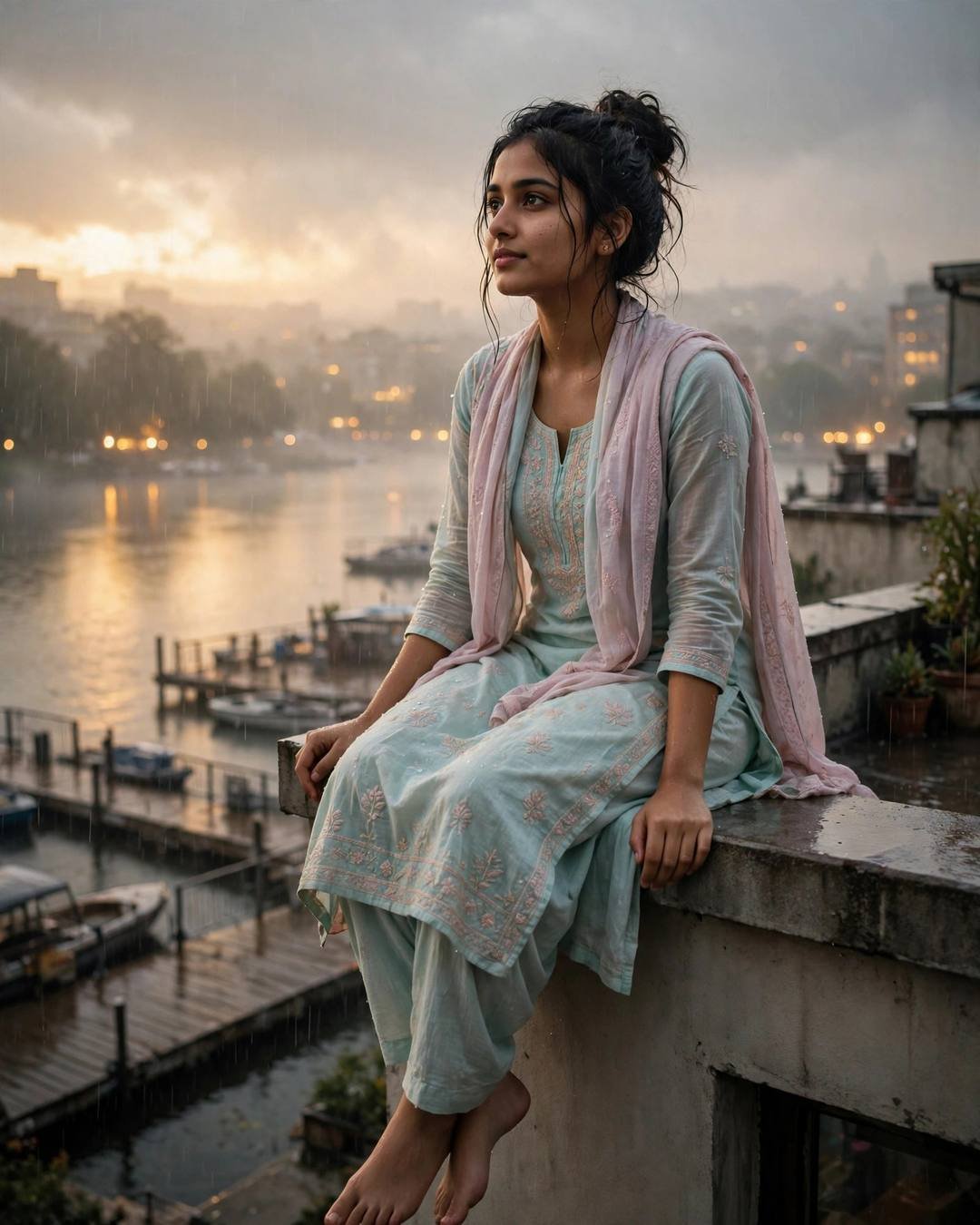 Young Indian woman in a pastel salwar-kameez sitting on a ledge above a lake pier at dawn in light rain