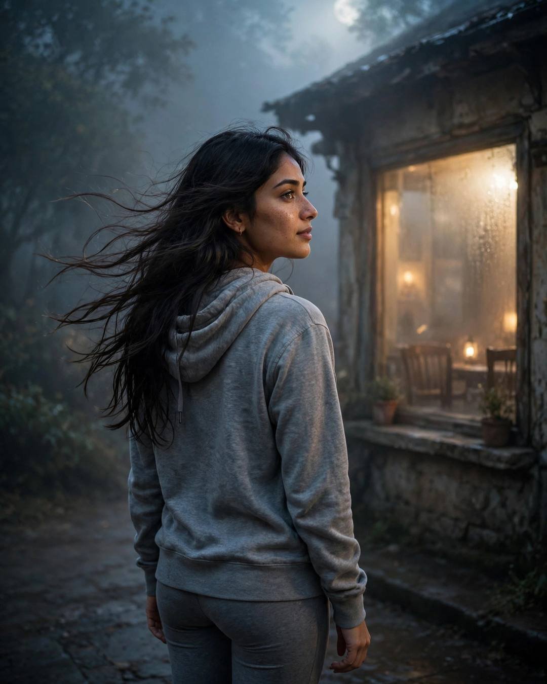 Young Indian woman in a grey hoodie looking over her shoulder at an old cafe's fogged glowing window in dense night fog