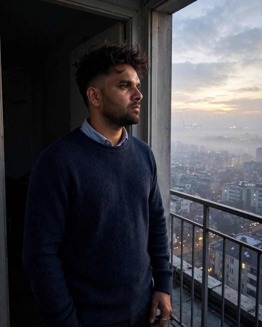 Young Indian man in navy sweater standing in a rooftop doorway overlooking a foggy city at dawn
