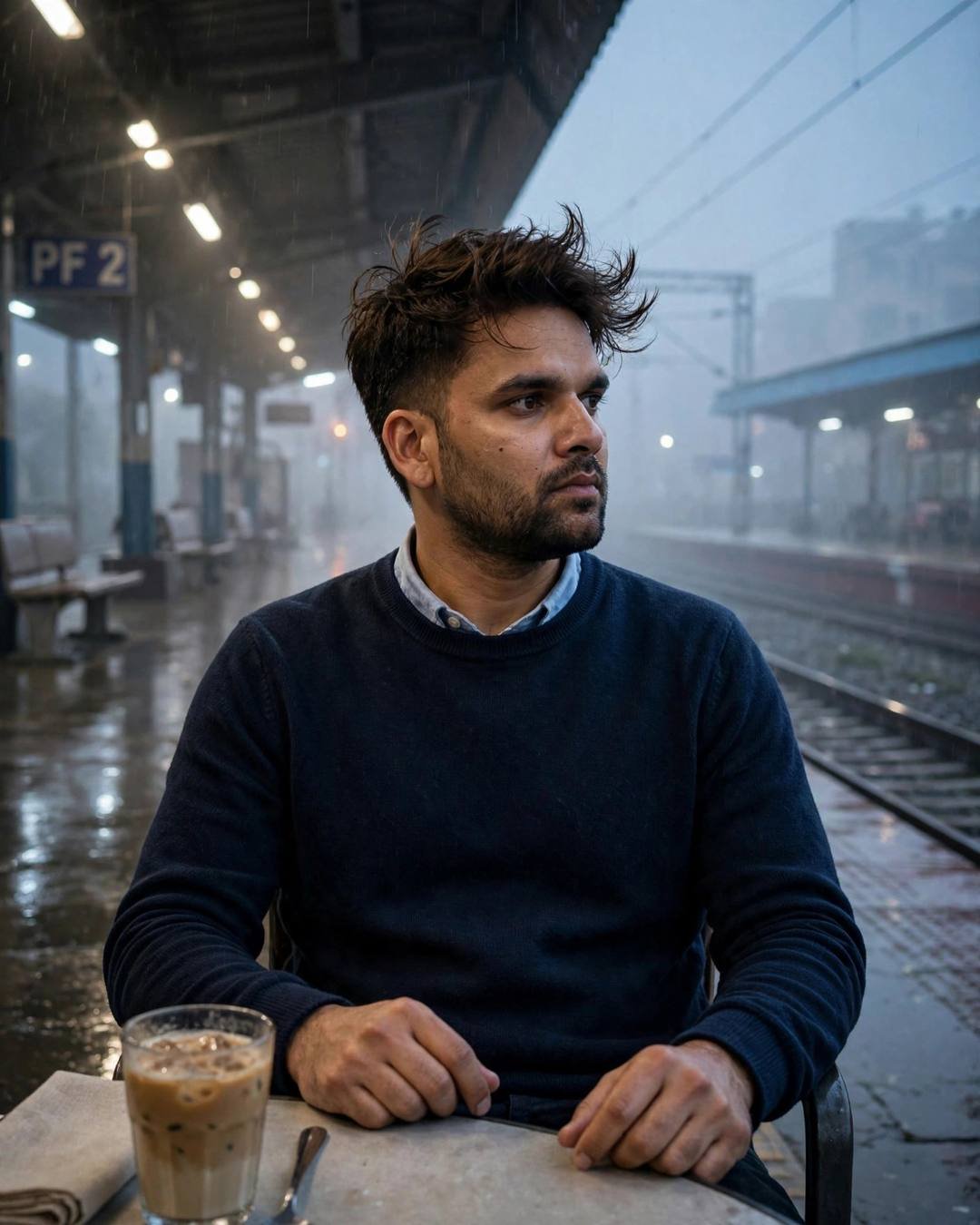 Young Indian man in navy sweater with a cold coffee at a wet empty railway platform at night