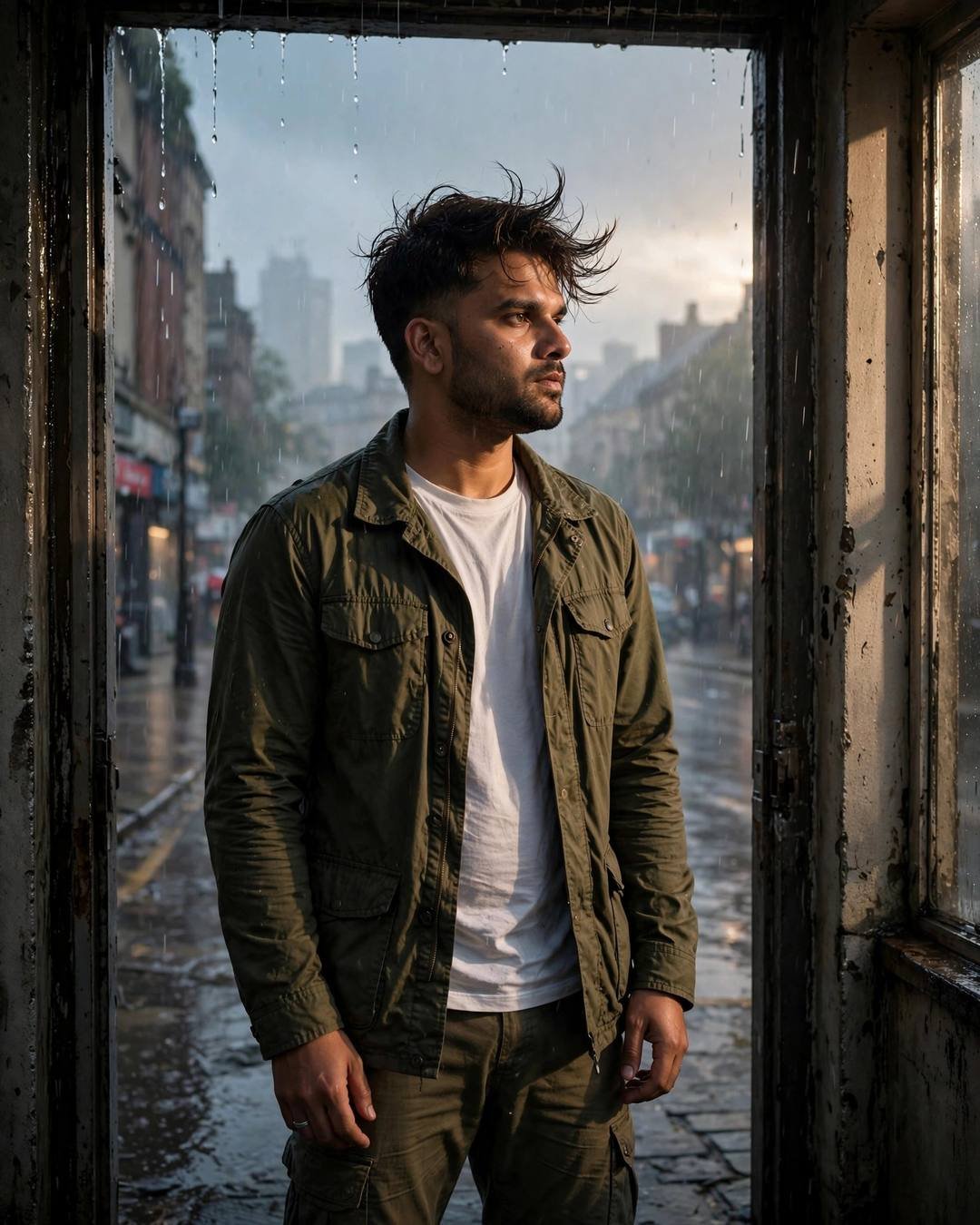 Young Indian man in olive field jacket standing in a doorway watching rain fall on a city street at dawn