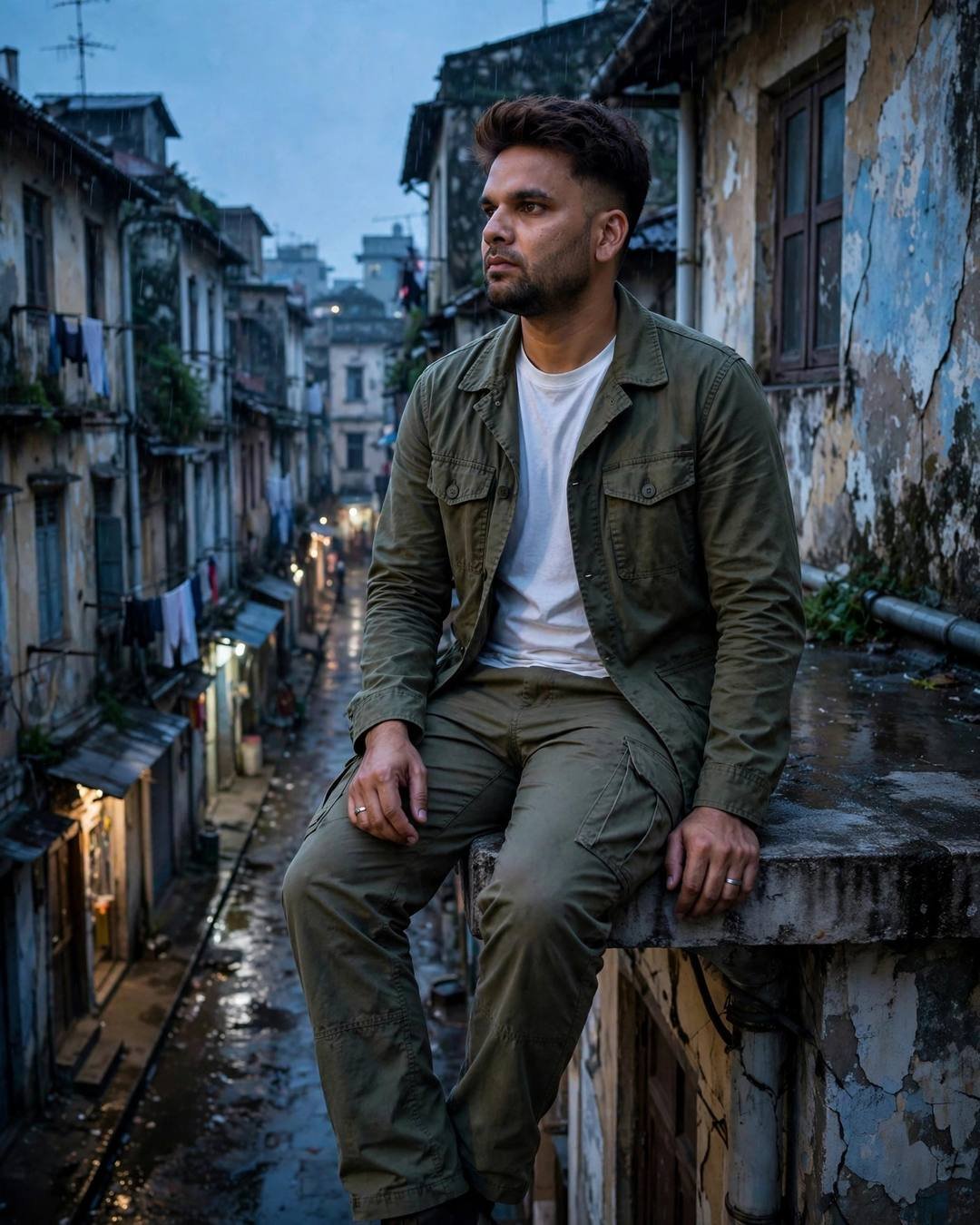 Young Indian man in olive field jacket sitting on a rooftop ledge above an old-city lane at blue hour