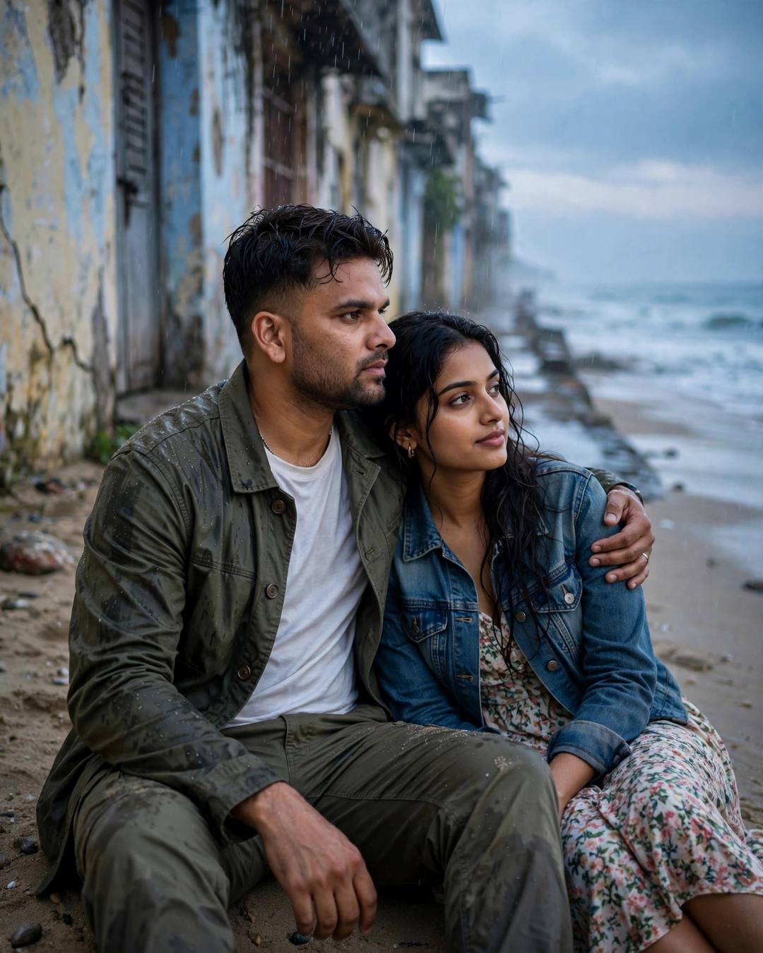 Young Indian couple sitting close on a beach at dawn in drizzle, his arm around her shoulders, watching the waves