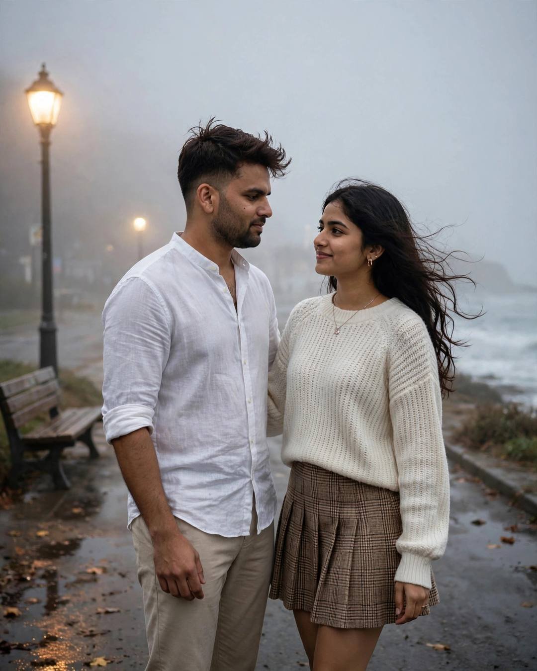 Young Indian couple standing close on a foggy seaside promenade at dawn, about to dance, streetlamp glowing