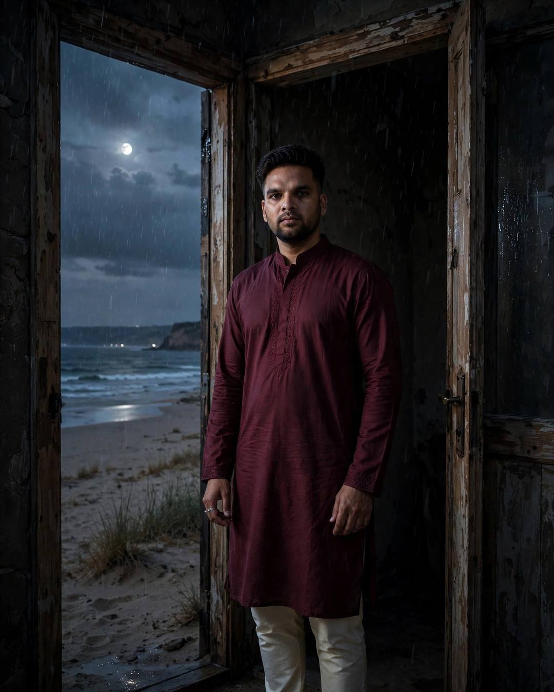 Young Indian man in a maroon kurta standing in a doorway at night, moonlit beach and rain behind him