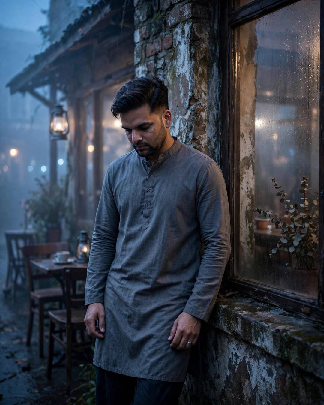 Young Indian man in a grey kurta leaning against a weathered brick pillar by a fogged café window at blue hour