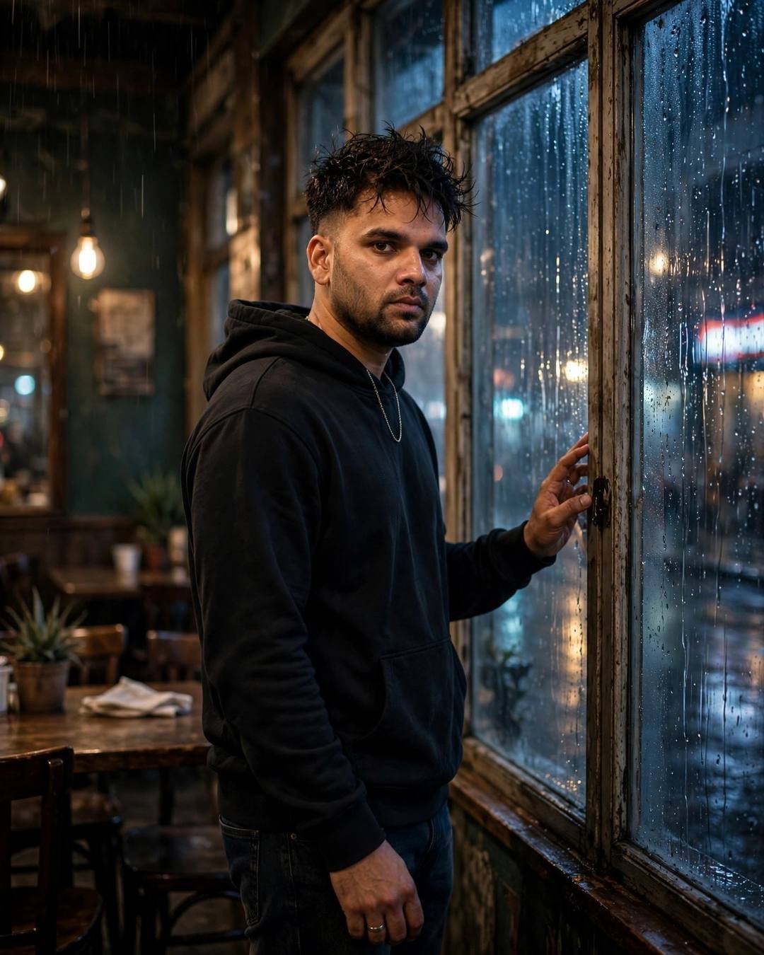 Young Indian man in a black hoodie standing at a rain-streaked café window at night, one hand on the glass