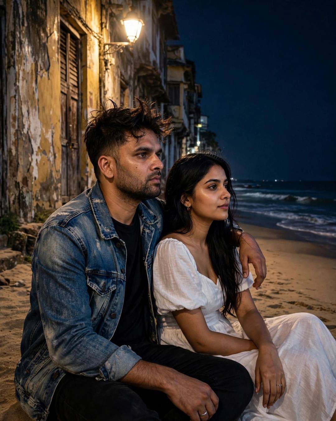 Couple sitting together on a beach beside an old lane at midnight, caught in a tender, unsaid farewell