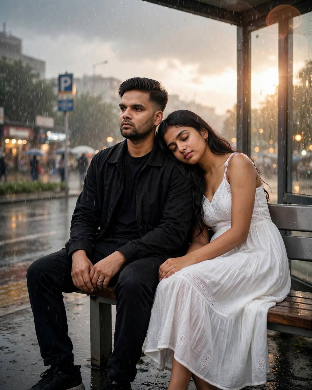 Couple sitting close on a bench at a rainy bus stop, her head resting on his shoulder