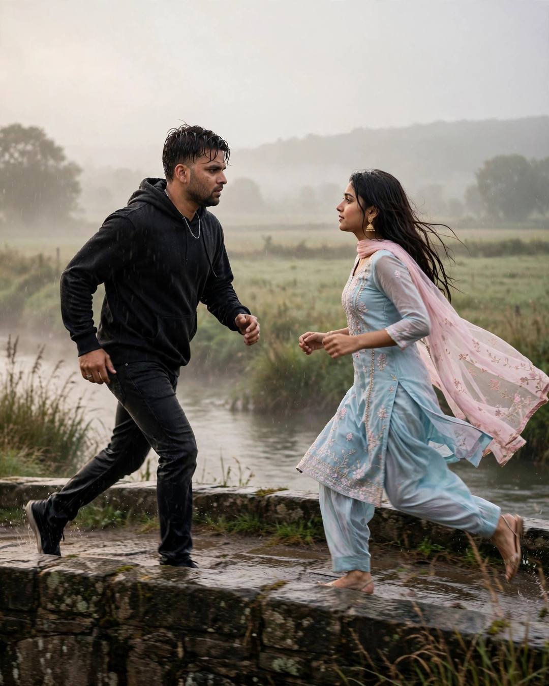 Couple running toward each other across a rain-wet stone bridge over a slow river at dawn