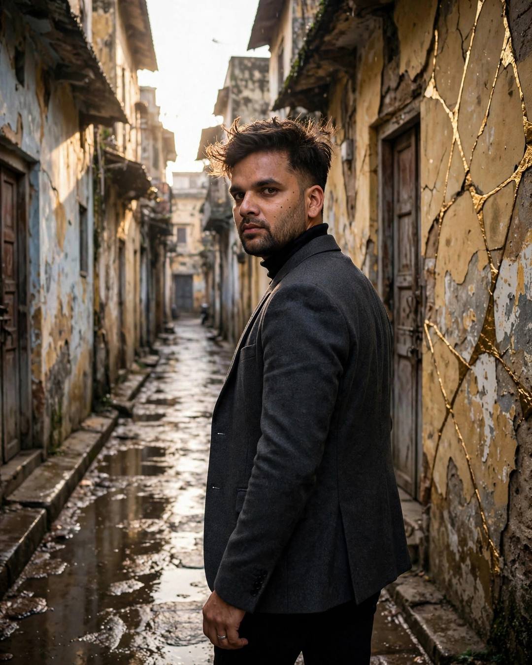 Young Indian man in charcoal blazer walking away down a rainy old lane, turning back to look, golden cracks glowing in the wet street