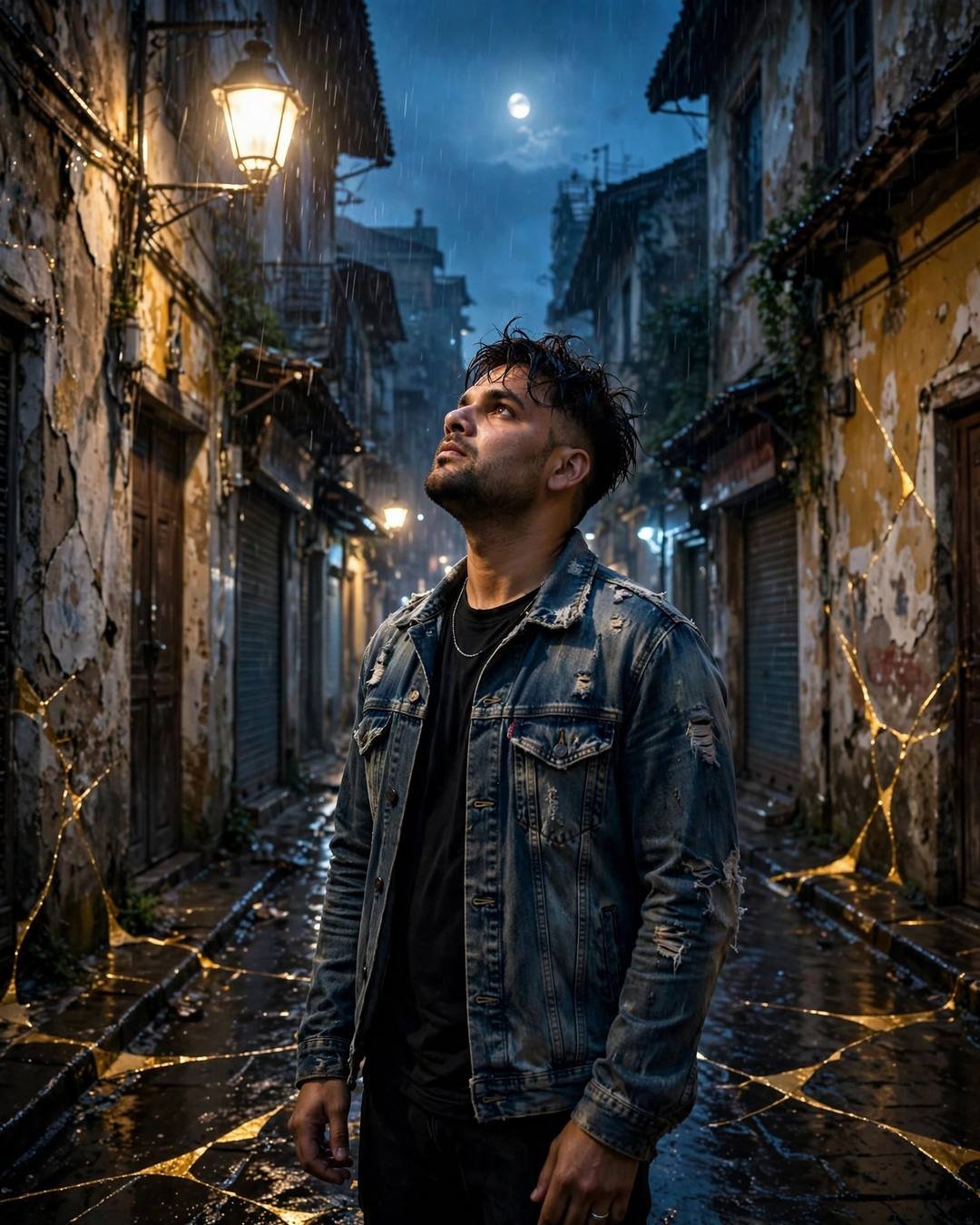 Young Indian man standing in a rainy old-city lane at night with face lifted to the sky, denim jacket, streetlamp and moon, golden cracks