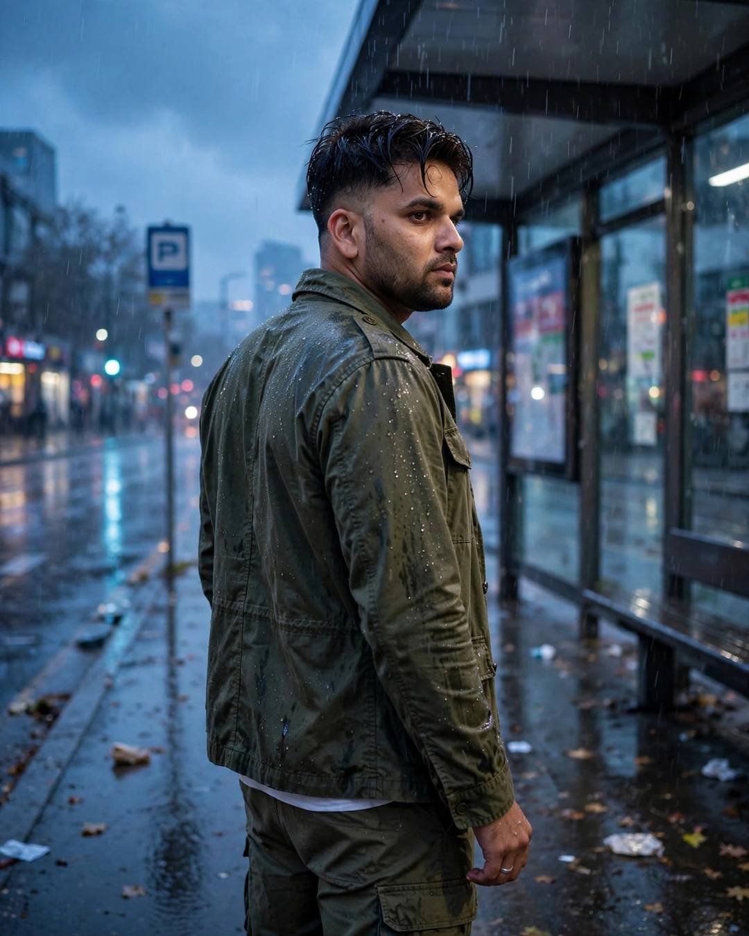 Young man in an olive field jacket at a rainy bus stop, back to camera, looking over one shoulder