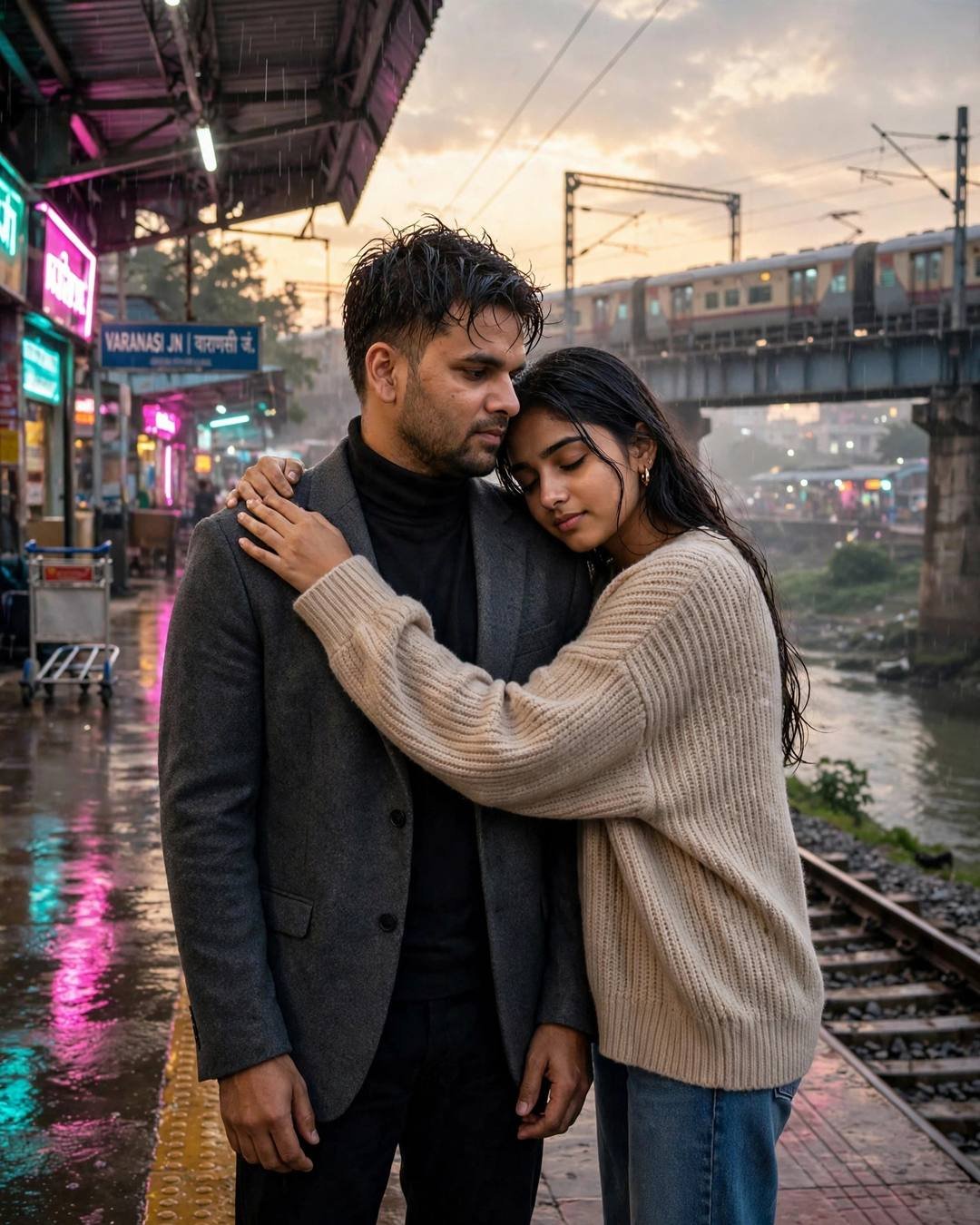 Couple sharing a last hug on a rain-wet railway platform at golden hour, neon reflections on wet ground