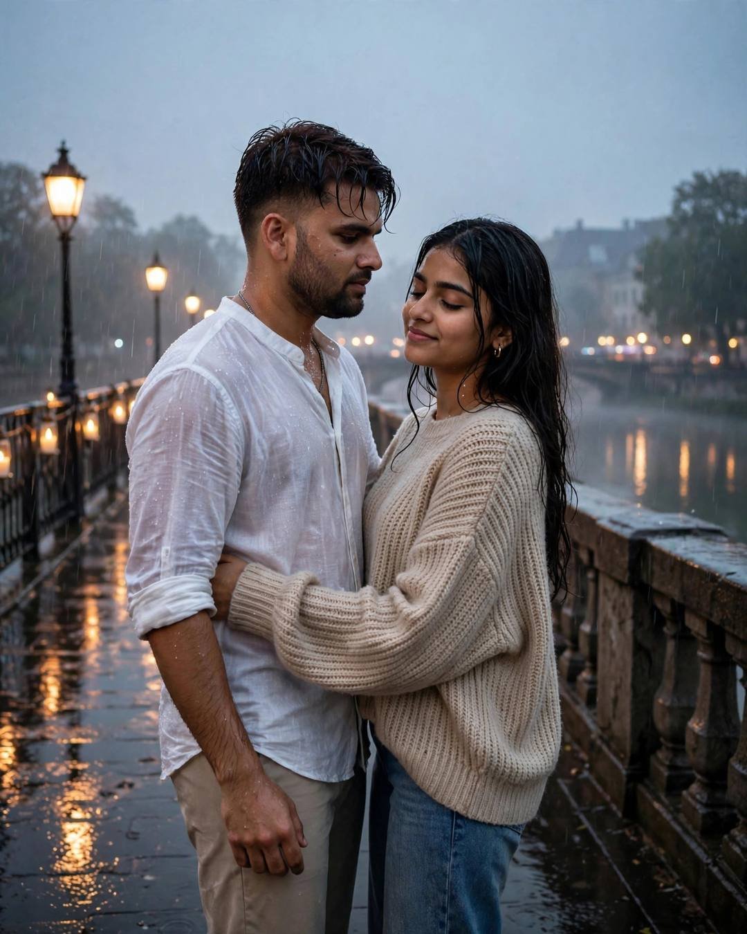 Couple dancing slowly on a wet street at dawn under warm glowing streetlamps in light rain