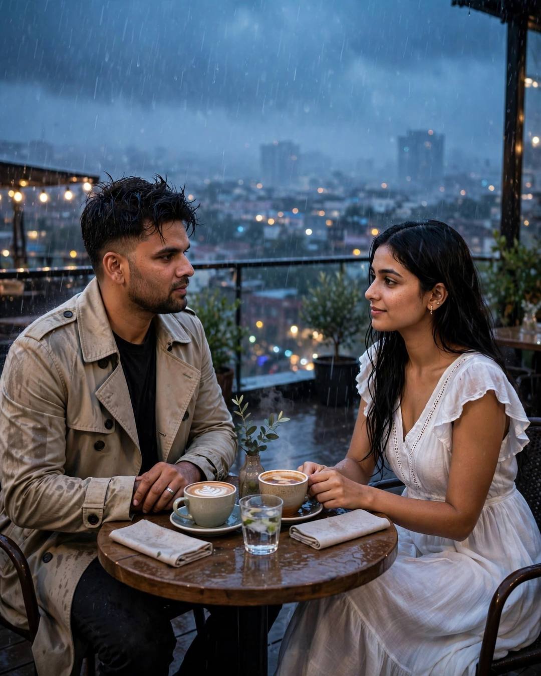 Couple sharing coffee at a rainy rooftop cafe in blue hour, city lights glowing behind them, hands nearly touching