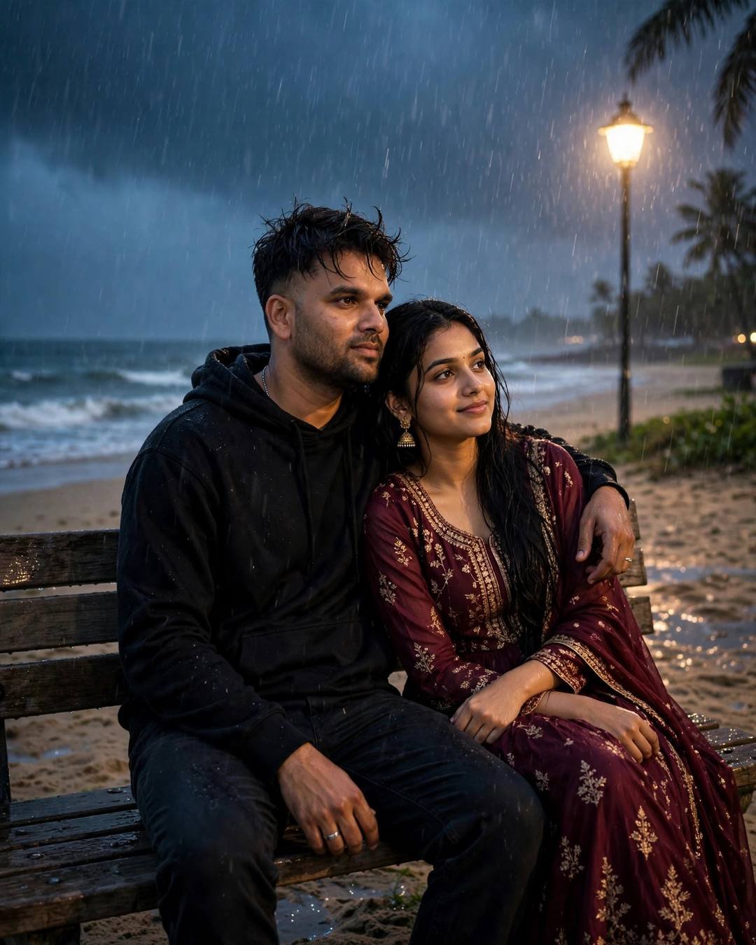Couple sitting on a beach bench in heavy monsoon rain under a lone glowing lamp, his arm around her